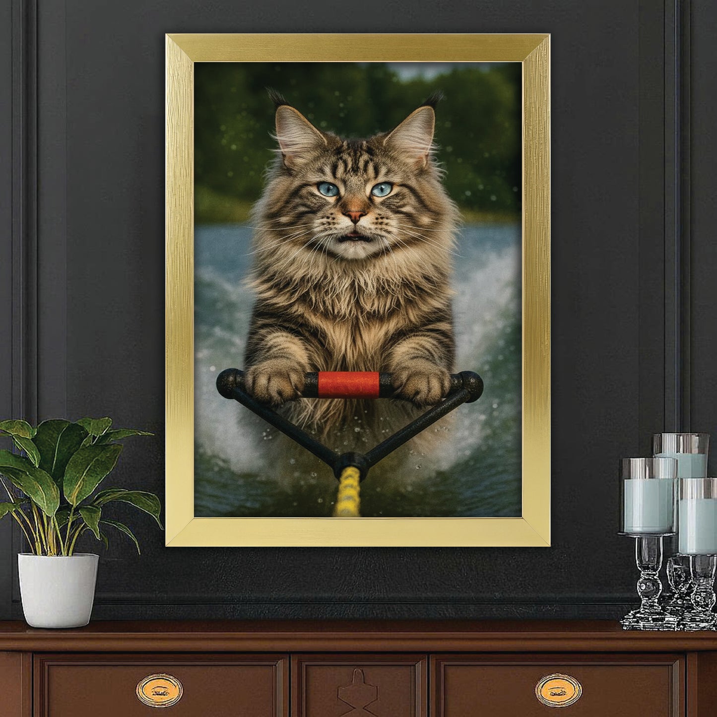 Custom Photo Water Ski Cat Canvas Framed Wall Art Gift For Cat Lovers