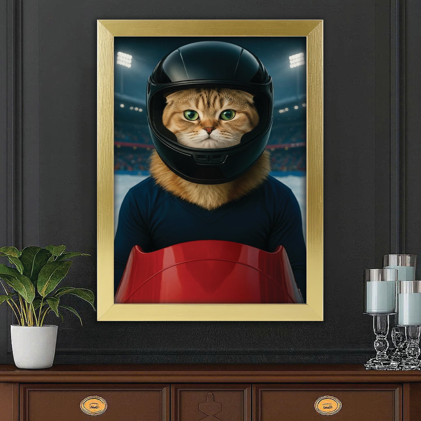 Custom Photo Bobsled Winter Race Cat Canvas Framed Wall Art Gift For Cat Lovers