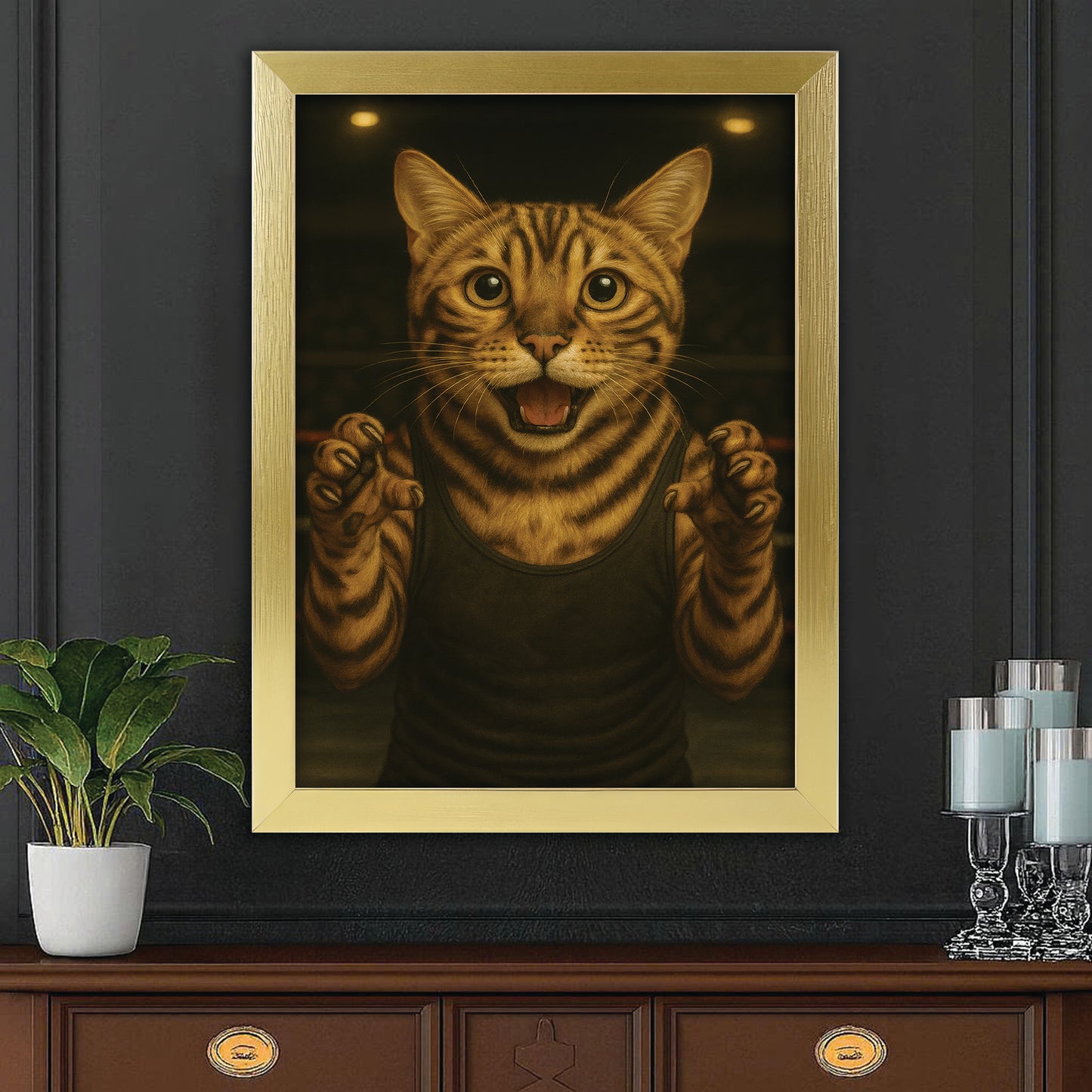 Custom Photo Wrestler Fighter Cat Canvas Framed Wall Art Gift For Cat Lovers