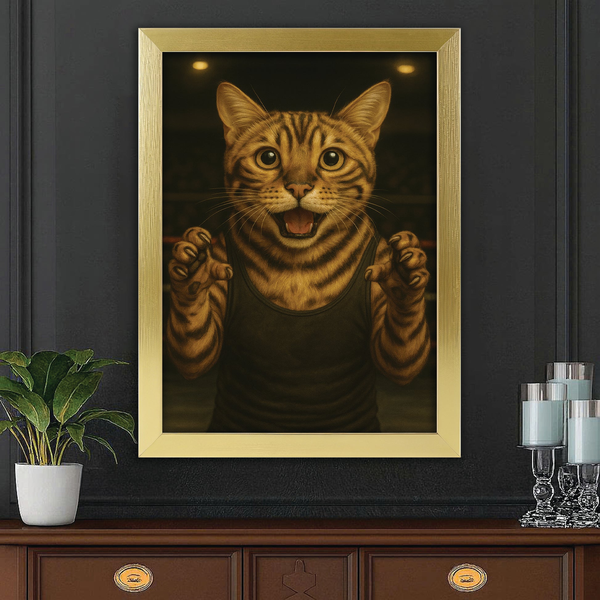 Custom Photo Wrestler Fighter Cat Canvas Framed Wall Art Gift For Cat Lovers