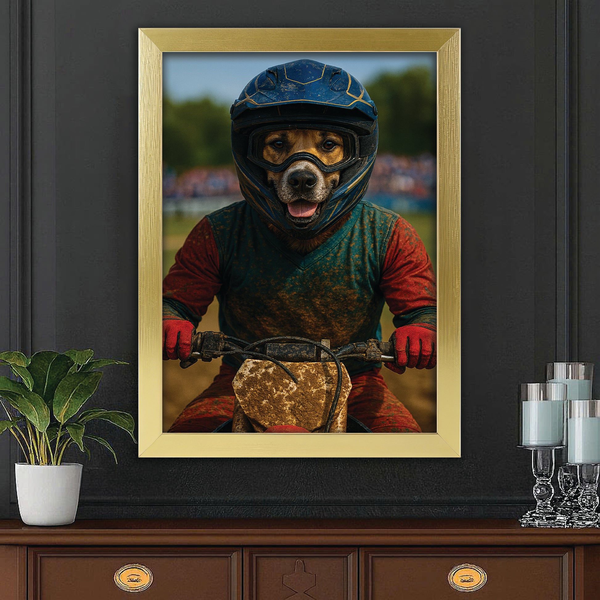 Custom Photo Dirt Bike Dog Canvas Framed Wall Art Gift For Dog Lovers