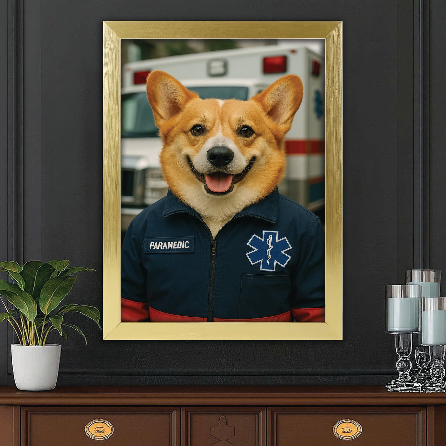 Custom Photo Paramedic Emt Dog Canvas Framed Wall Art Gift For Dog Lovers