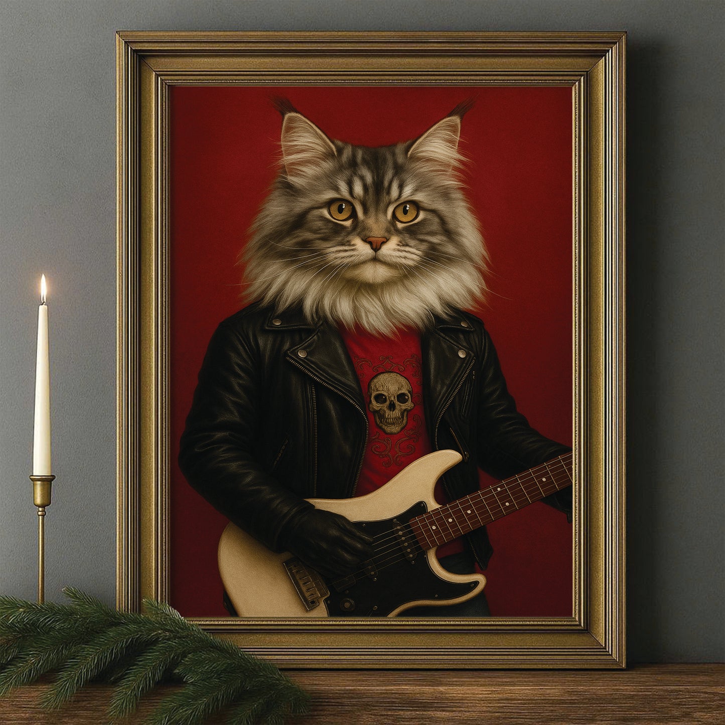 Custom Photo Guitarist Cat Canvas Framed Wall Art Gift For Cat