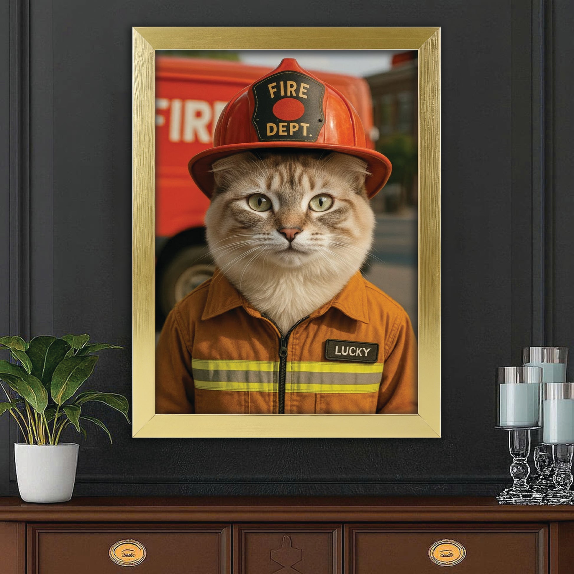 Custom Photo Fire Fighter Cat Canvas Framed Wall Art  Gift For Cat Lovers