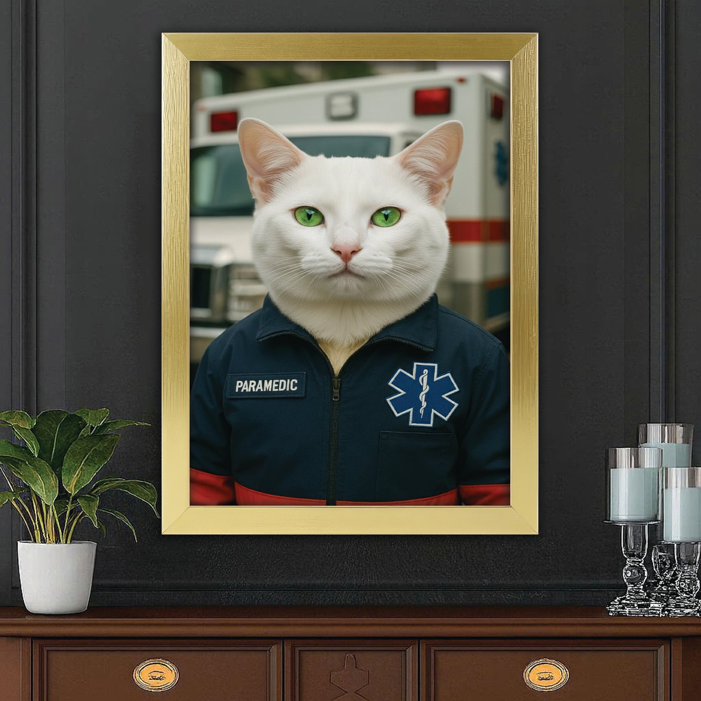 Custom Photo Paramedic Emt Cat Canvas Framed Wall Art Gift For Cat Lovers