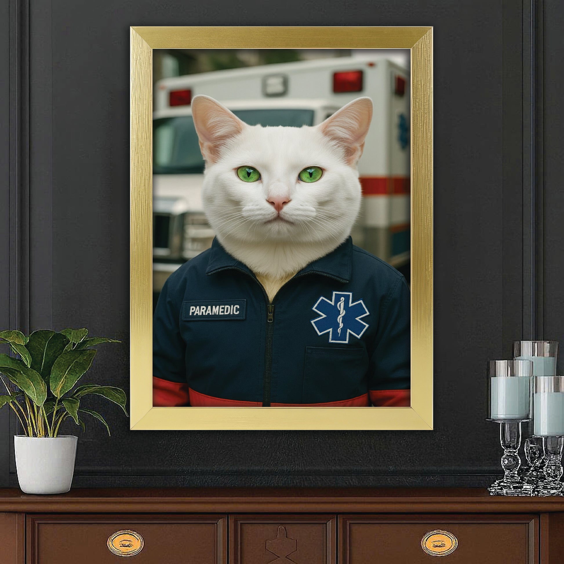 Custom Photo Paramedic Emt Cat Canvas Framed Wall Art Gift For Cat Lovers