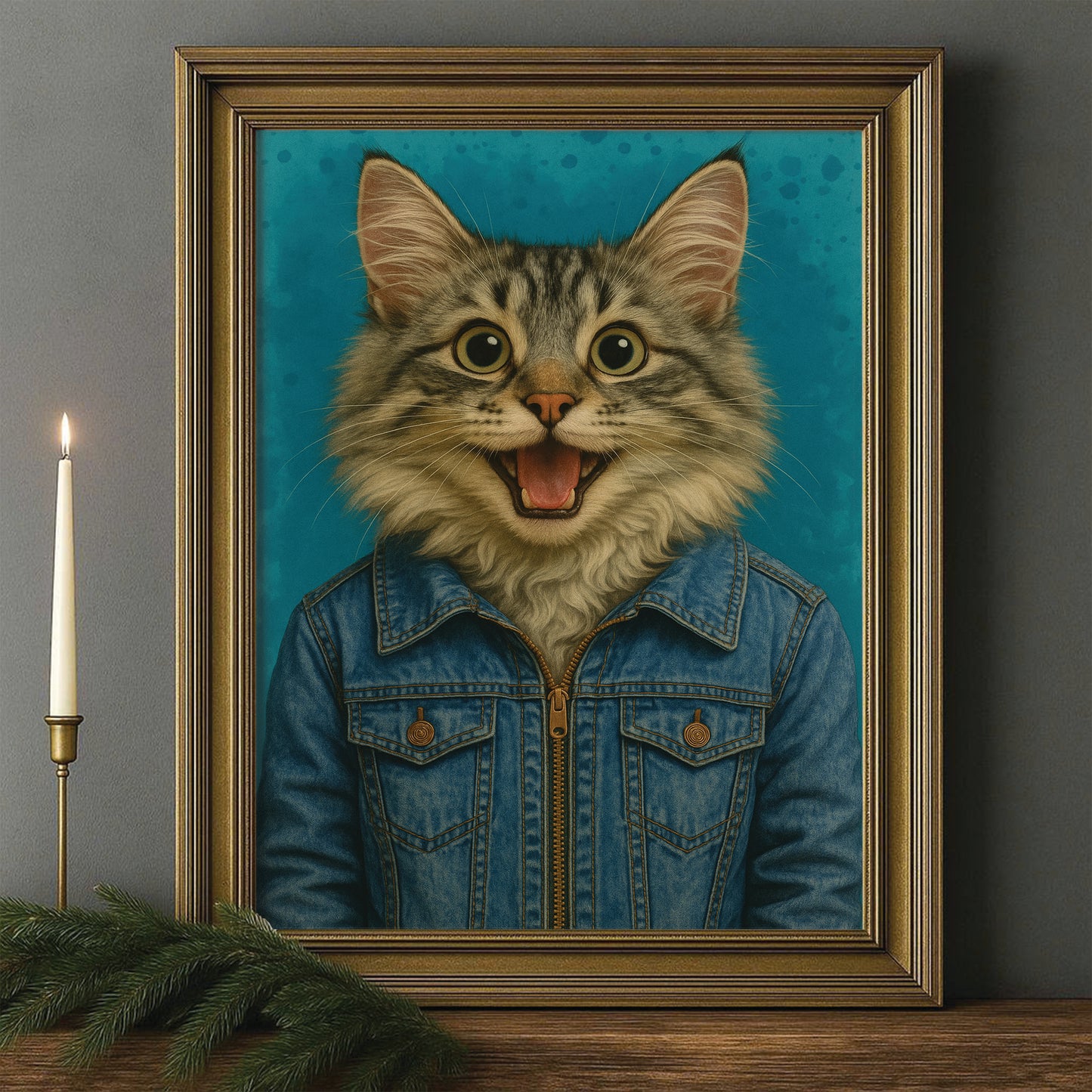 Custom Photo Denim Cat Canvas Framed Wall Art Gift For Cat Lovers