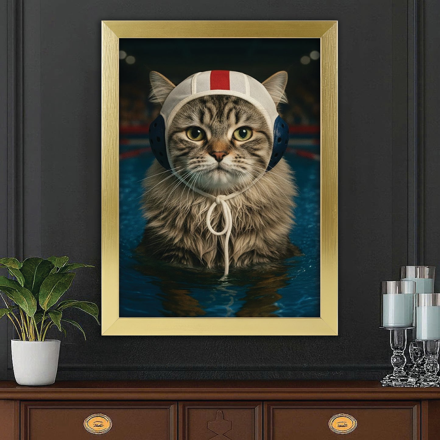 Custom Photo Swimmer Cat Canvas Framed Wall Art Gift For Cat Lovers
