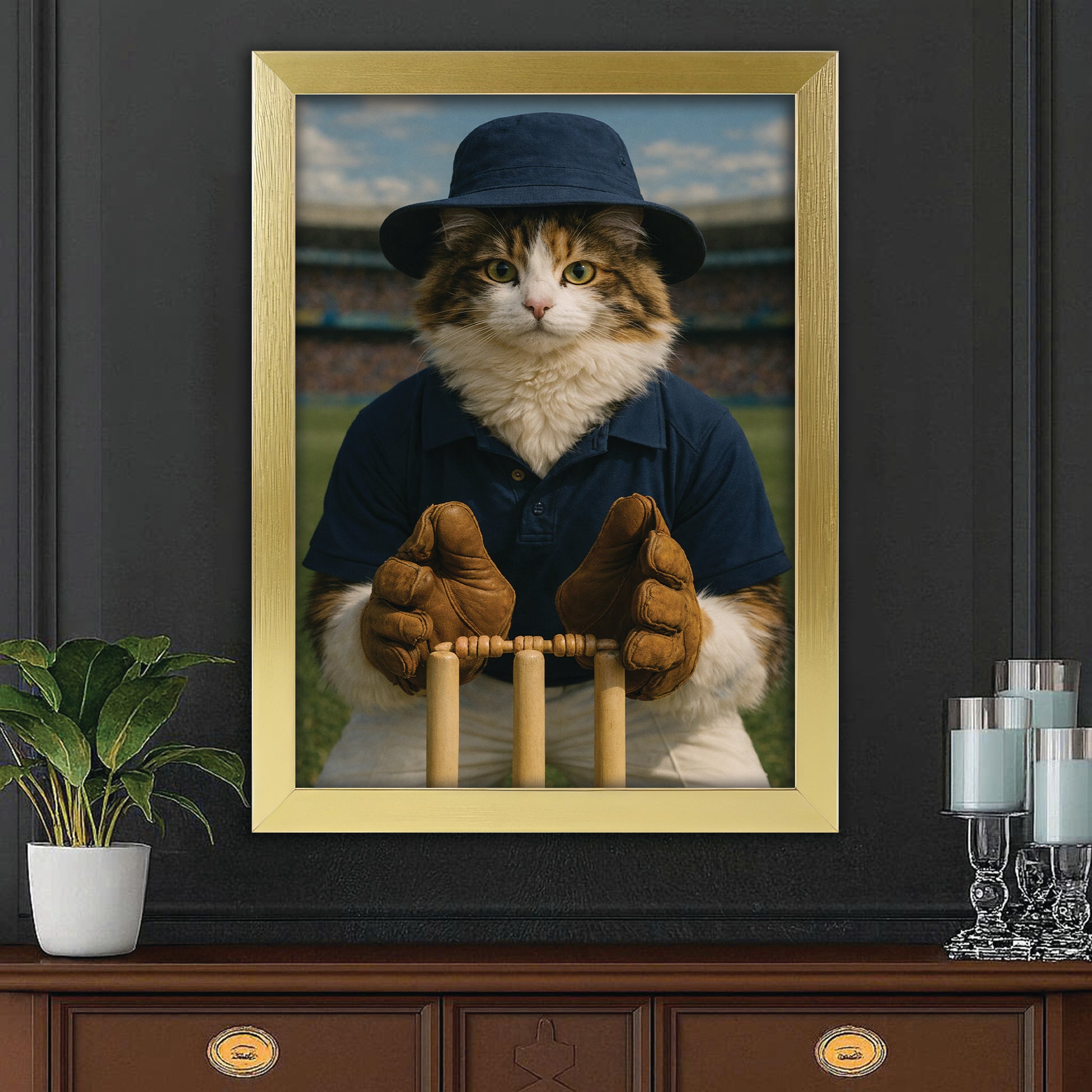 Custom Photo Cricket Player Cat Canvas Framed Wall Art Gift For Cat Lovers