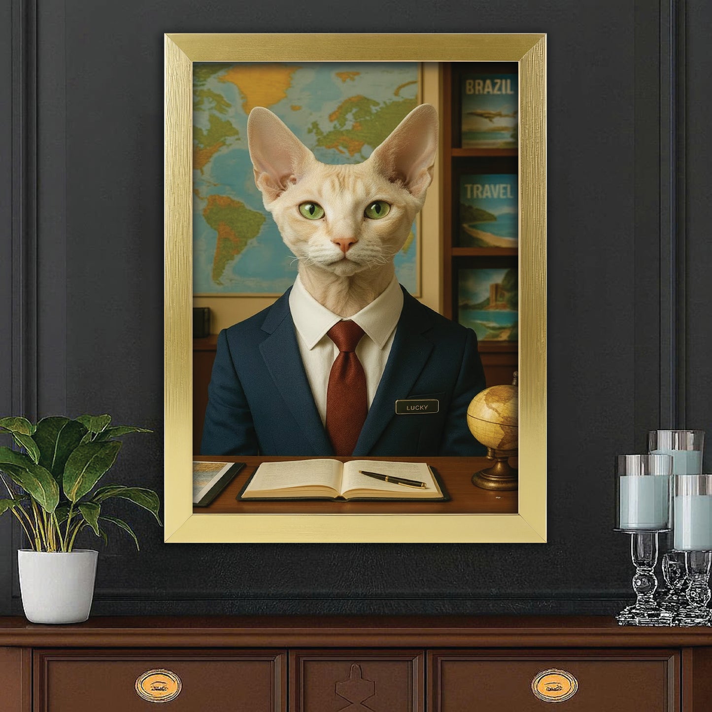 Custom Photo Travel Agent Cat Canvas Framed Wall Art Gift For Cat Lovers