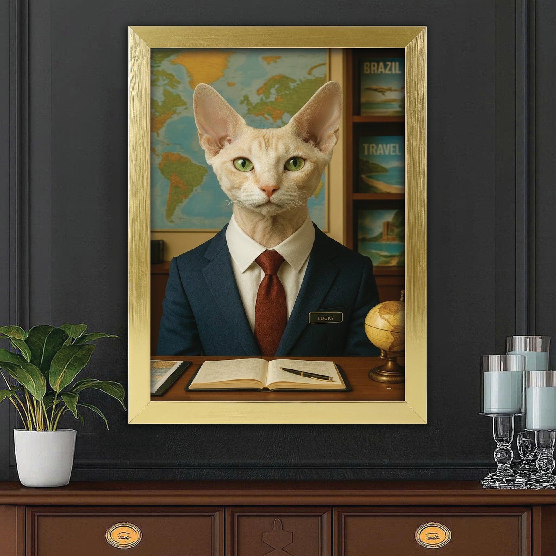 Custom Photo Travel Agent Cat Canvas Framed Wall Art Gift For Cat Lovers