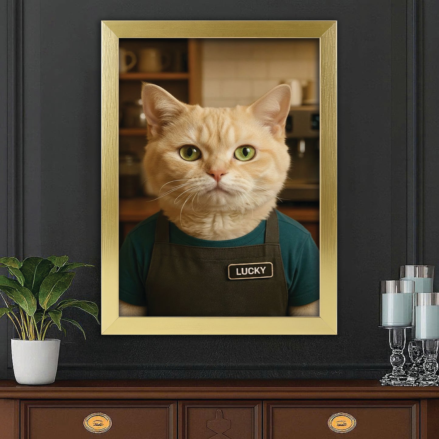 Custom Photo Barista Cat Canvas Framed Wall Art Gift For Cat Lovers