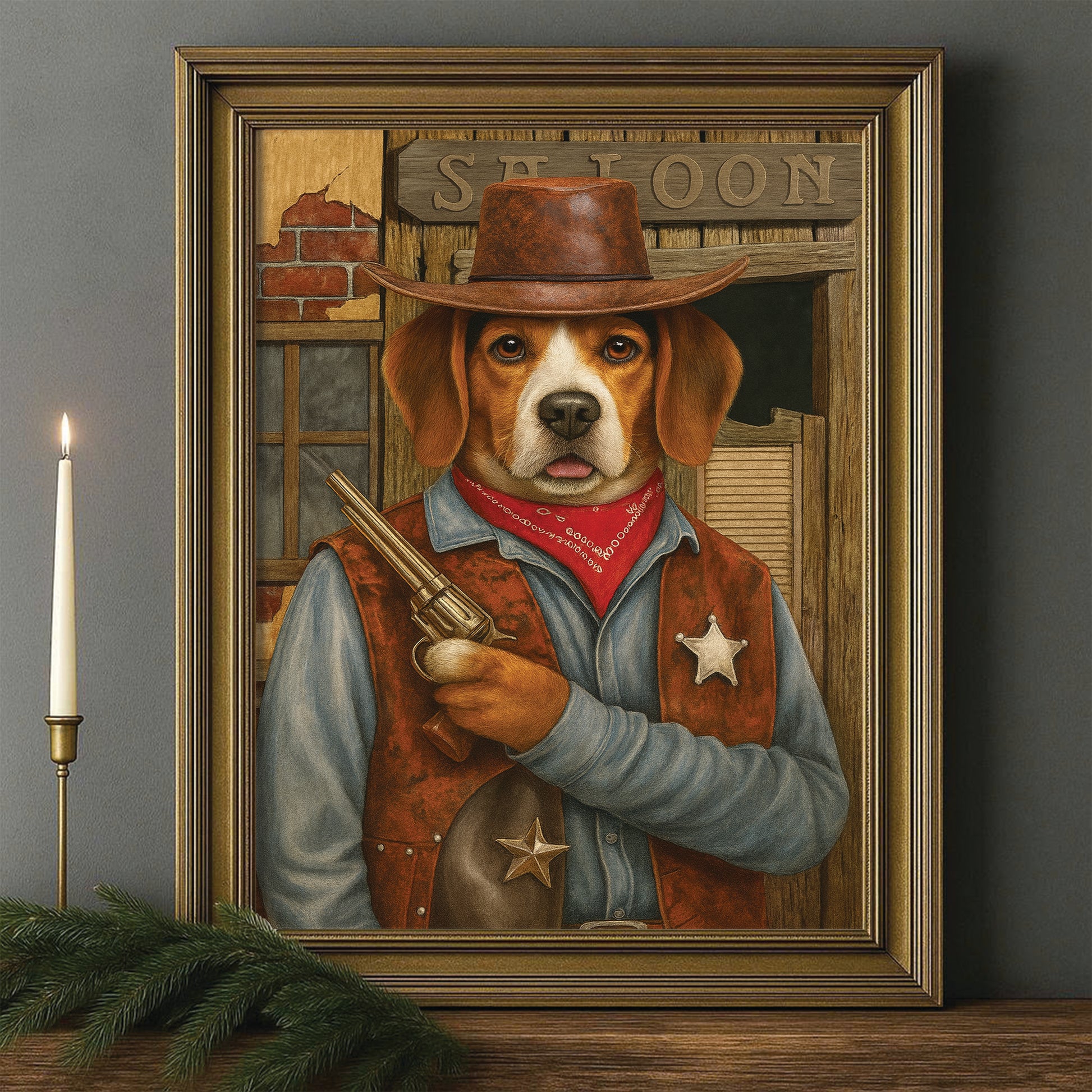 Custom Photo Dog Cowboy Canvas Framed Wall Art