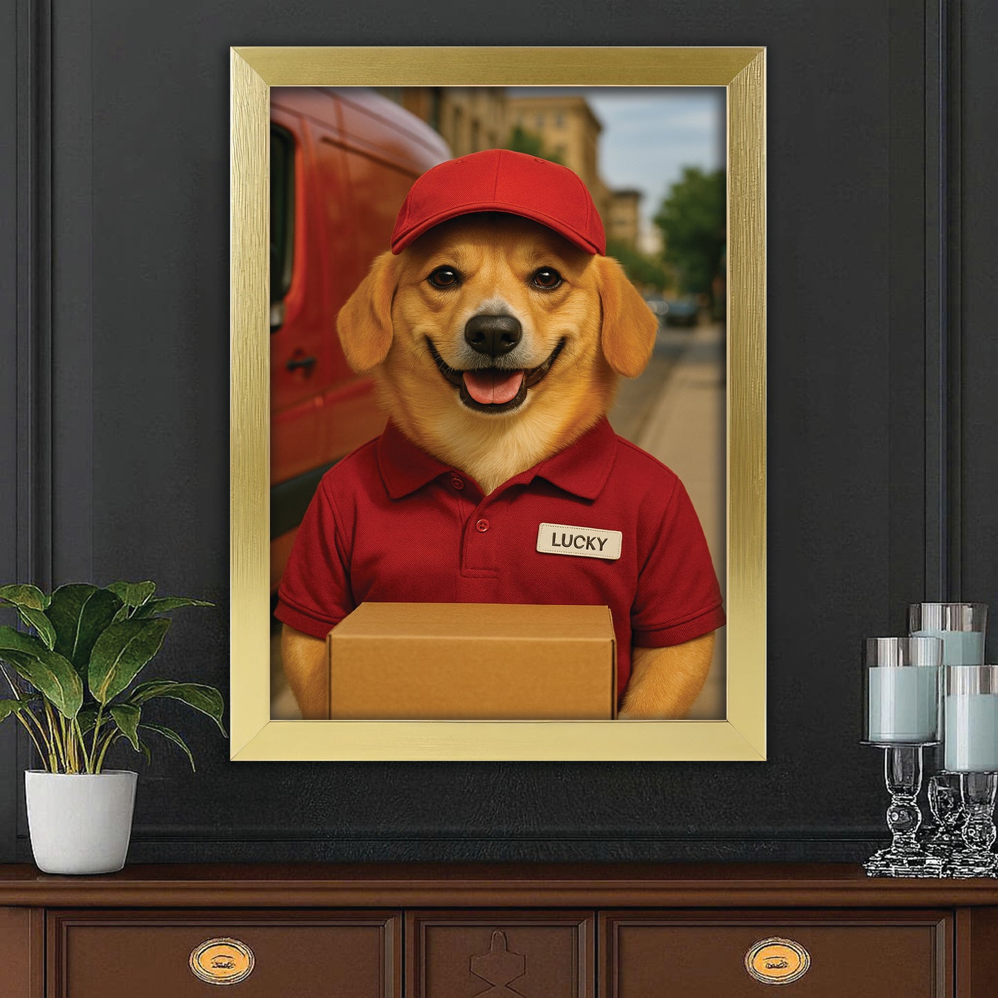Custom Photo Courier Delivery Canvas Framed Wall Art Gift For Dog Lovers