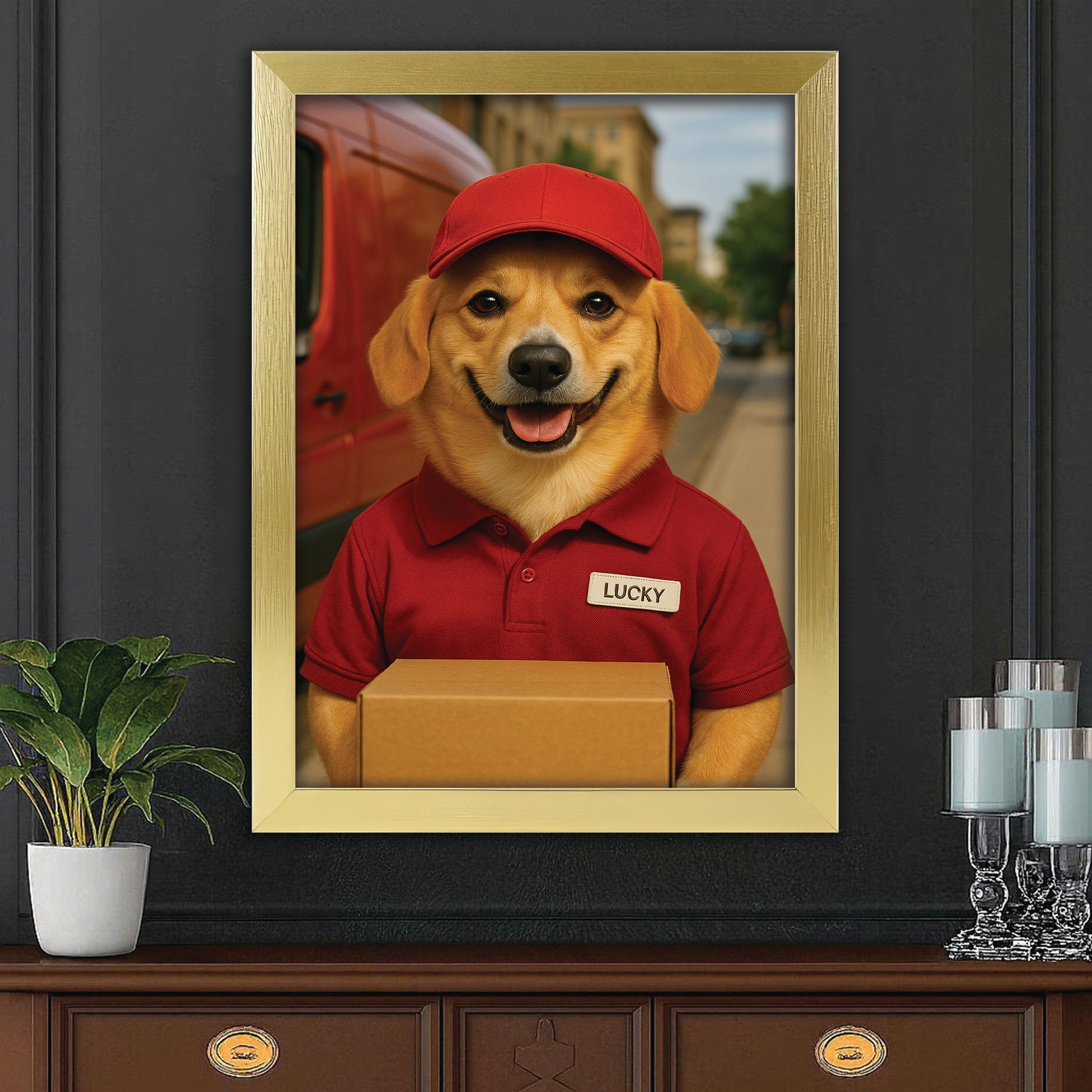 Custom Photo Courier Delivery Canvas Framed Wall Art Gift For Dog Lovers