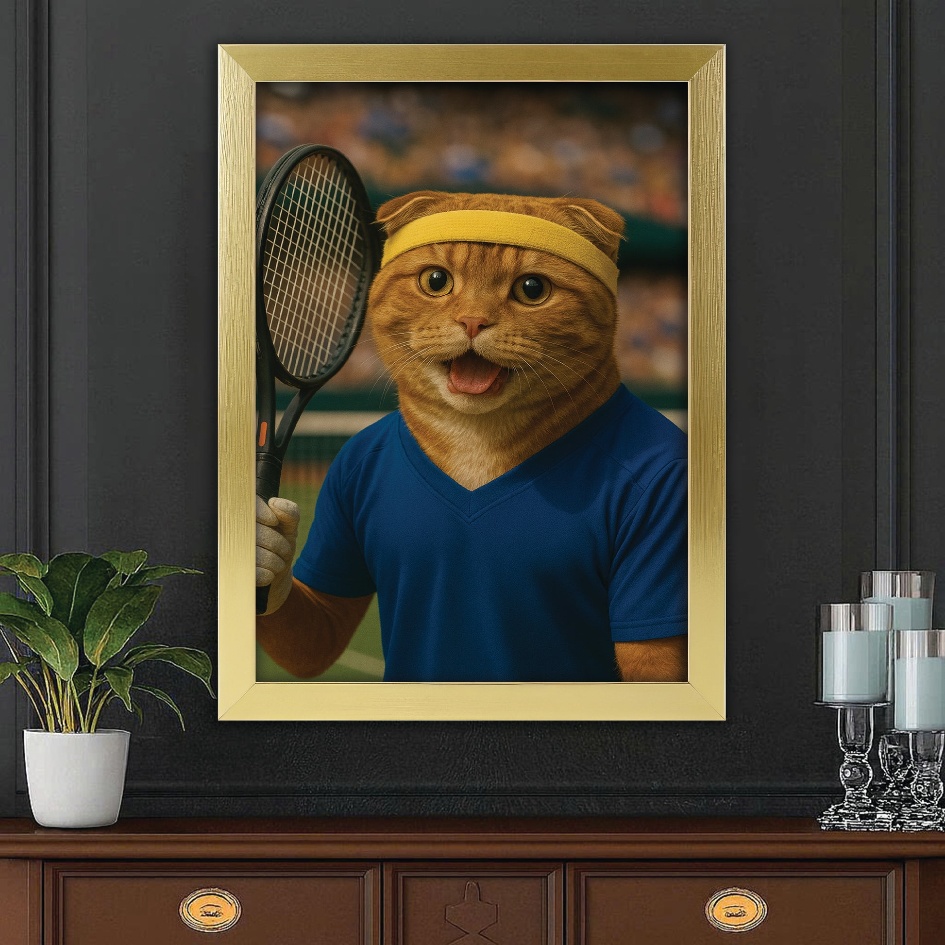 Custom Photo Tennis Player Cat Canvas Framed Wall Art Gift For Cat Lovers