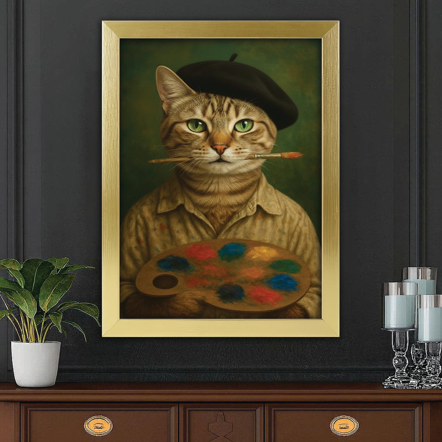 Custom Photo Artist Cat Canvas Framed Wall Art Gift For Cat Lovers