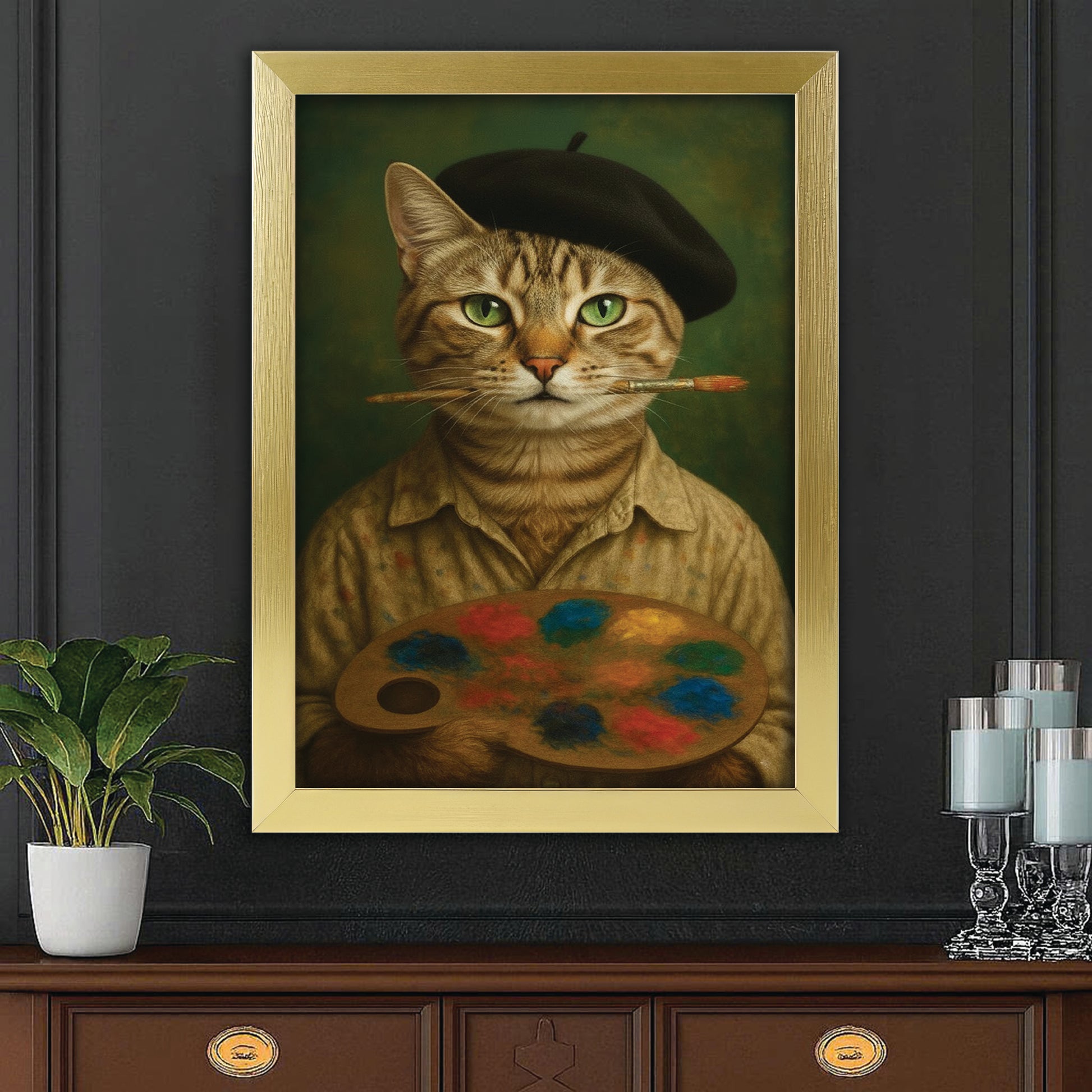 Custom Photo Artist Cat Canvas Framed Wall Art Gift For Cat Lovers
