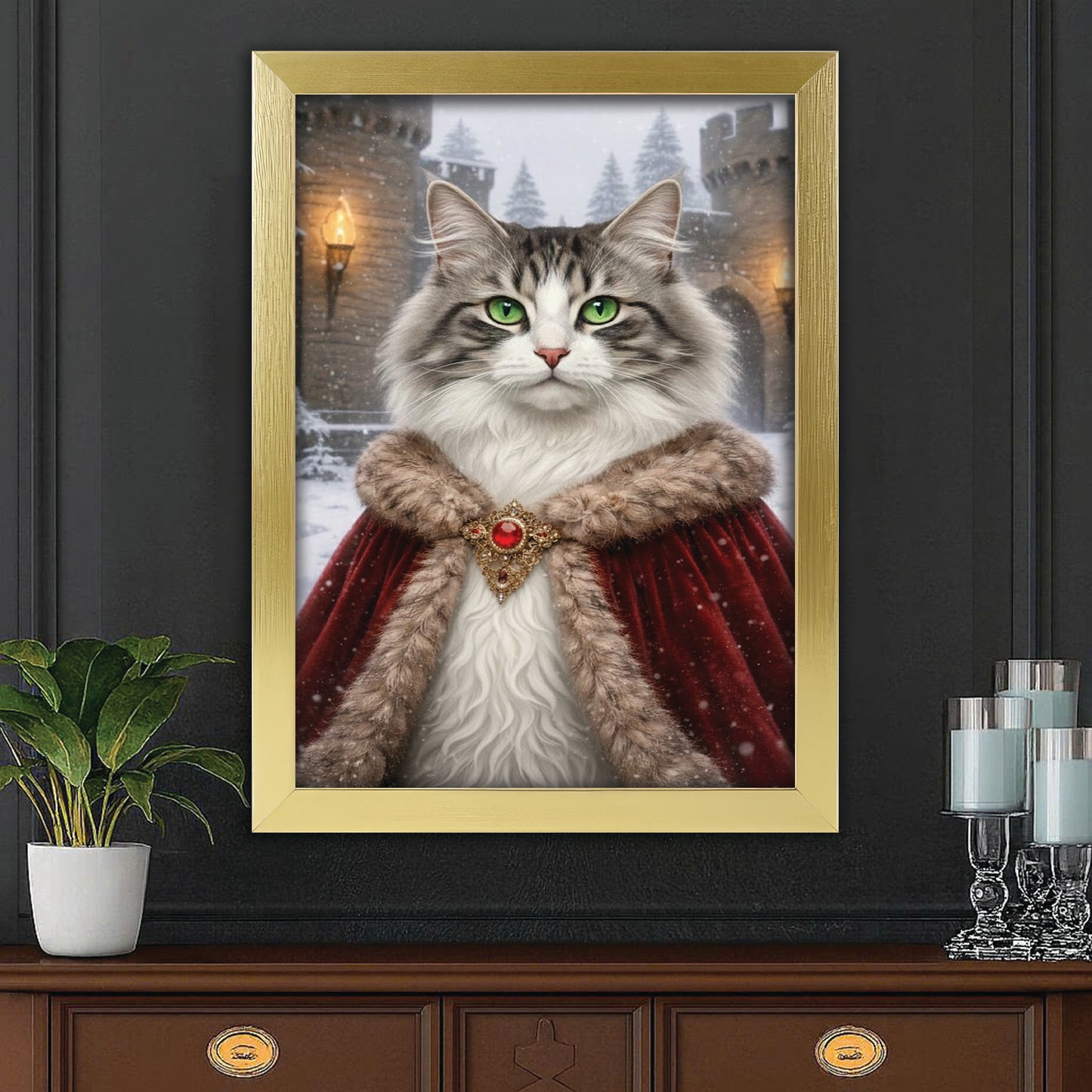 Custom Photo Winter King Royal Canvas Framed Wall Art Gift For Cat Lovers