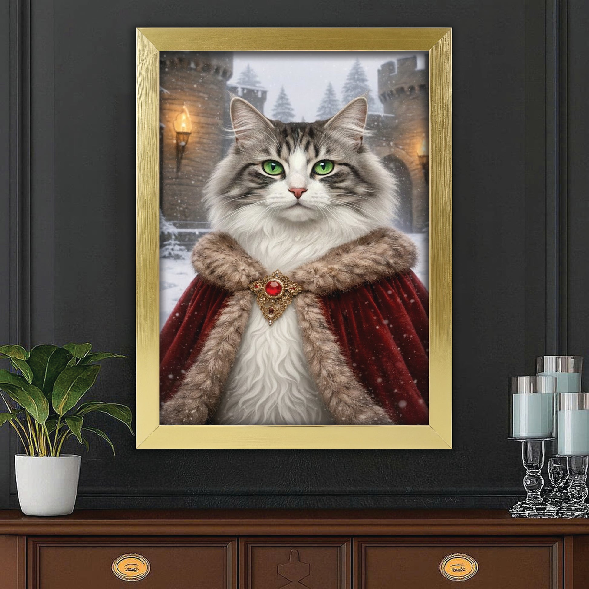 Custom Photo Winter King Royal Canvas Framed Wall Art Gift For Cat Lovers