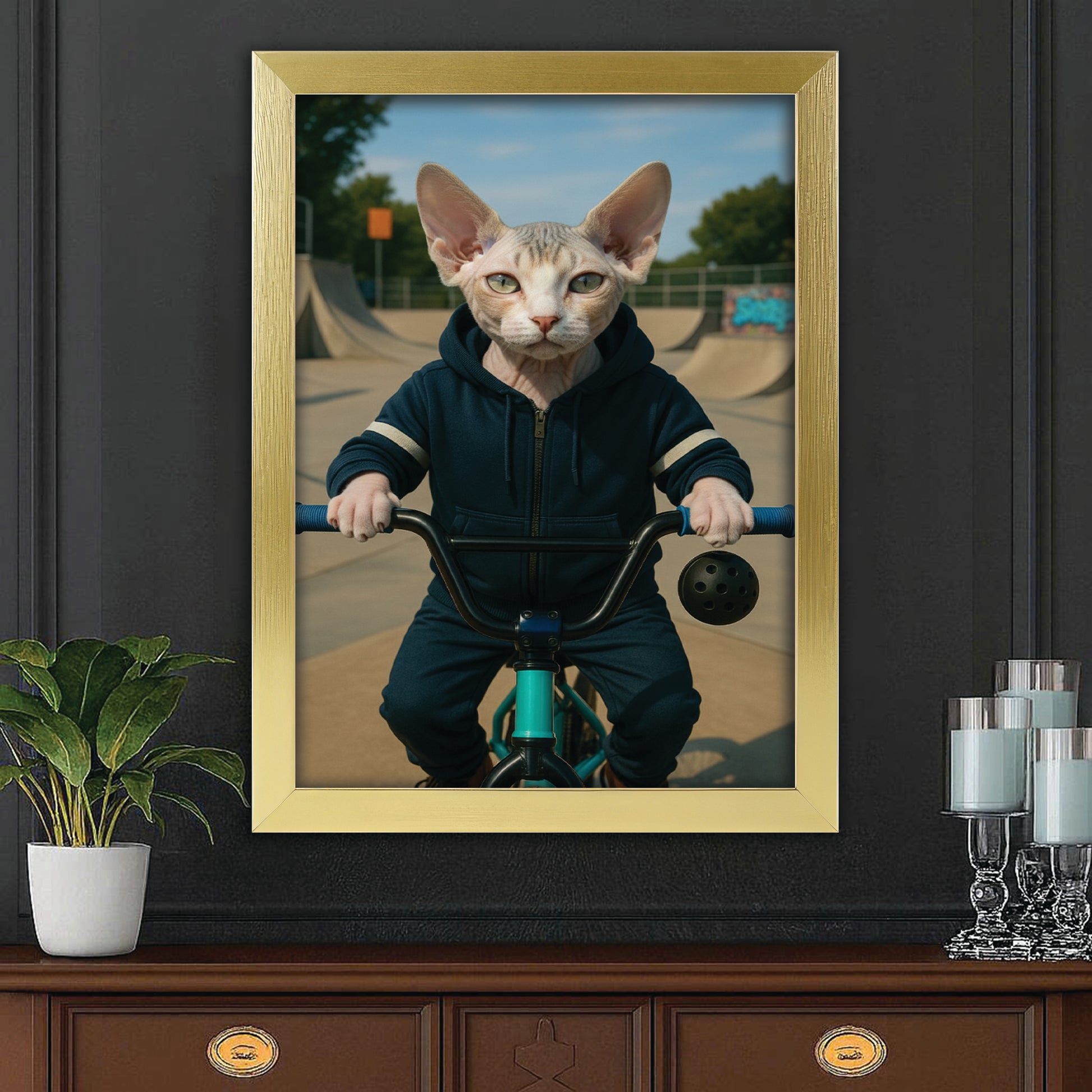 Custom Photo Bmx Bike Cat Canvas Framed Wall Art Gift For Cat Lovers