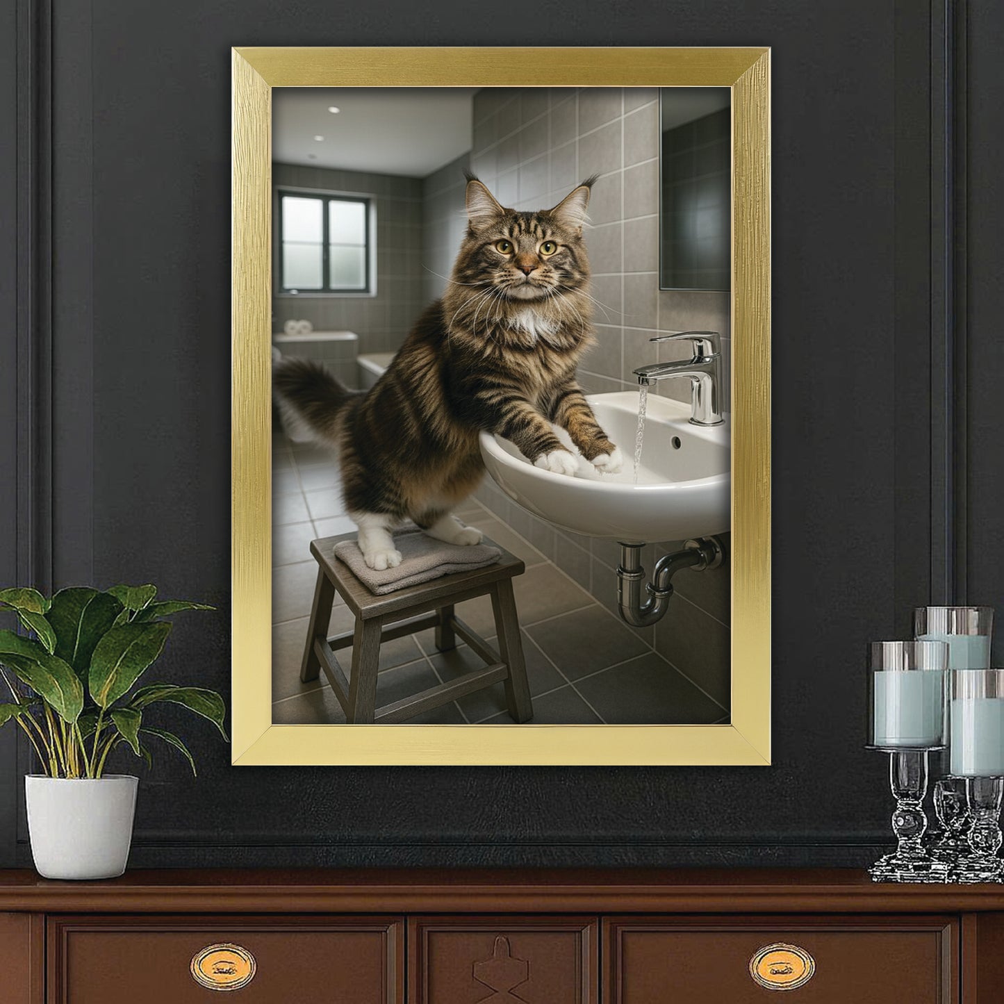 Custom Photo Cat In Bathroom Style 1 Canvas Framed Wall Art Gift For Cat Lovers