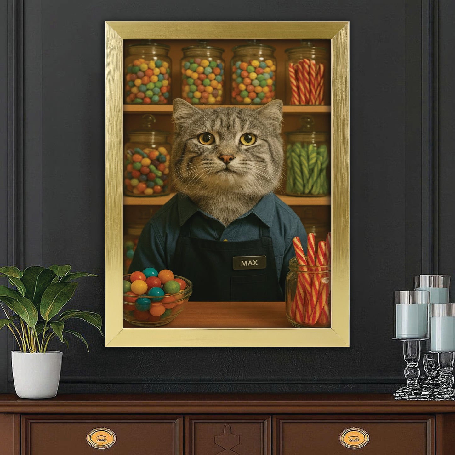 Custom Photo Candy Shop Cat Canvas Framed Wall Art Gift For Cat Lovers