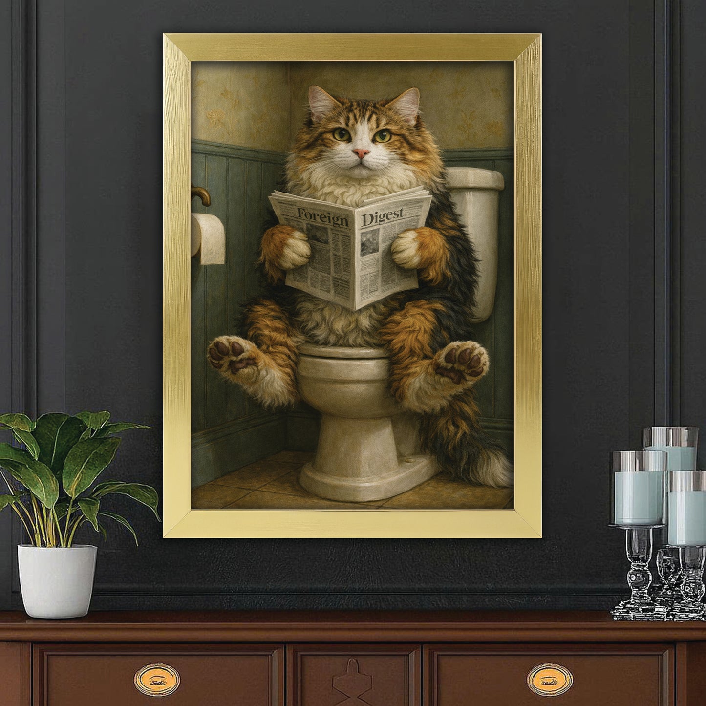 Custom Photo Cat In Bathroom Style 2 Canvas Framed Wall Art Gift For Cat Lovers