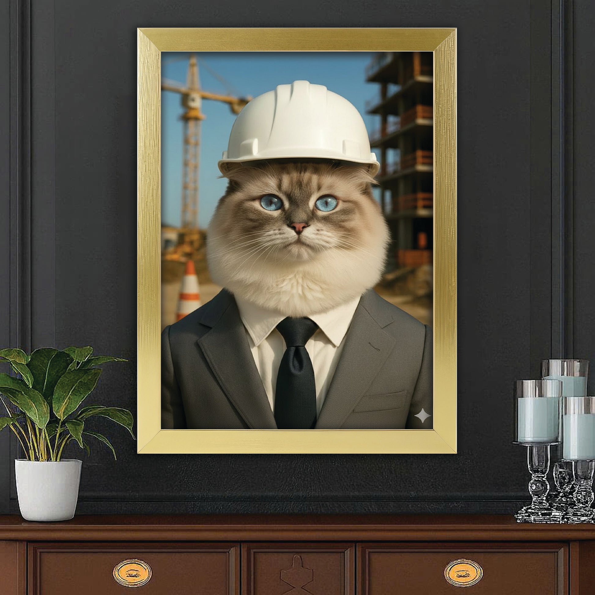 Custom Photo Engineer Construction Cat Canvas Framed Wall Art  Gift For Cat Lovers