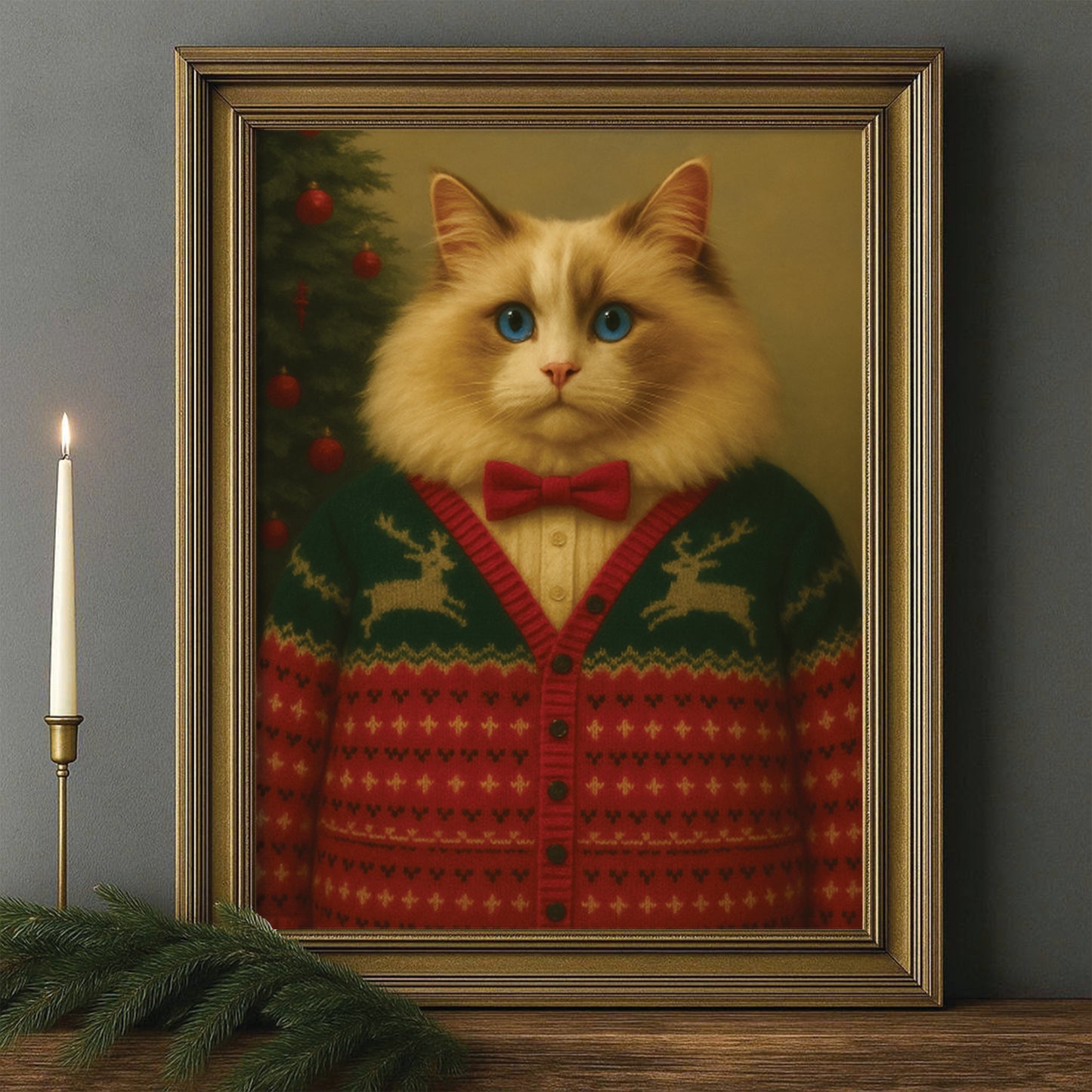 Custom Photo Christmas Cat Canvas Framed Wall Art Gift For Cat Lovers