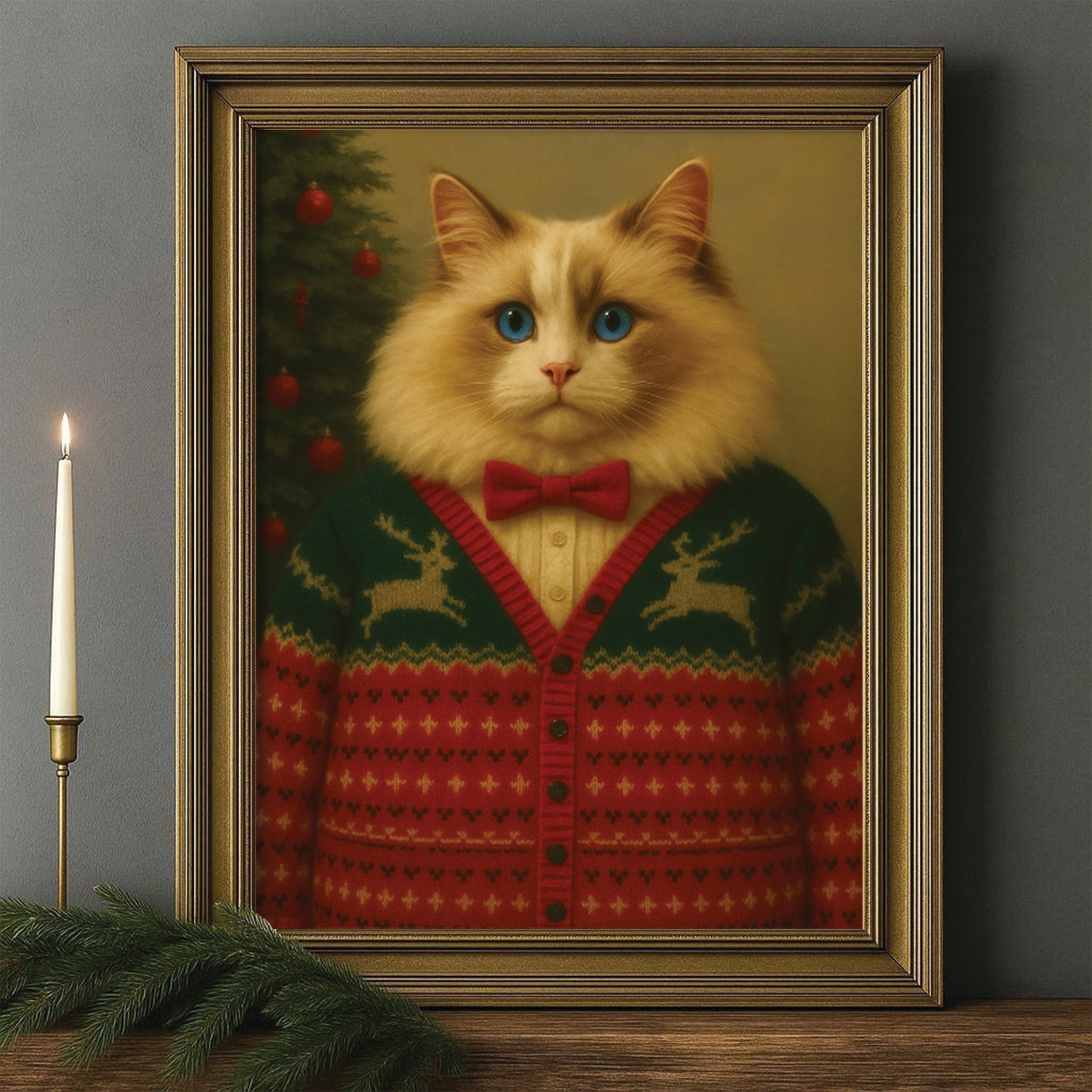 Custom Photo Christmas Cat Canvas Framed Wall Art Gift For Cat Lovers