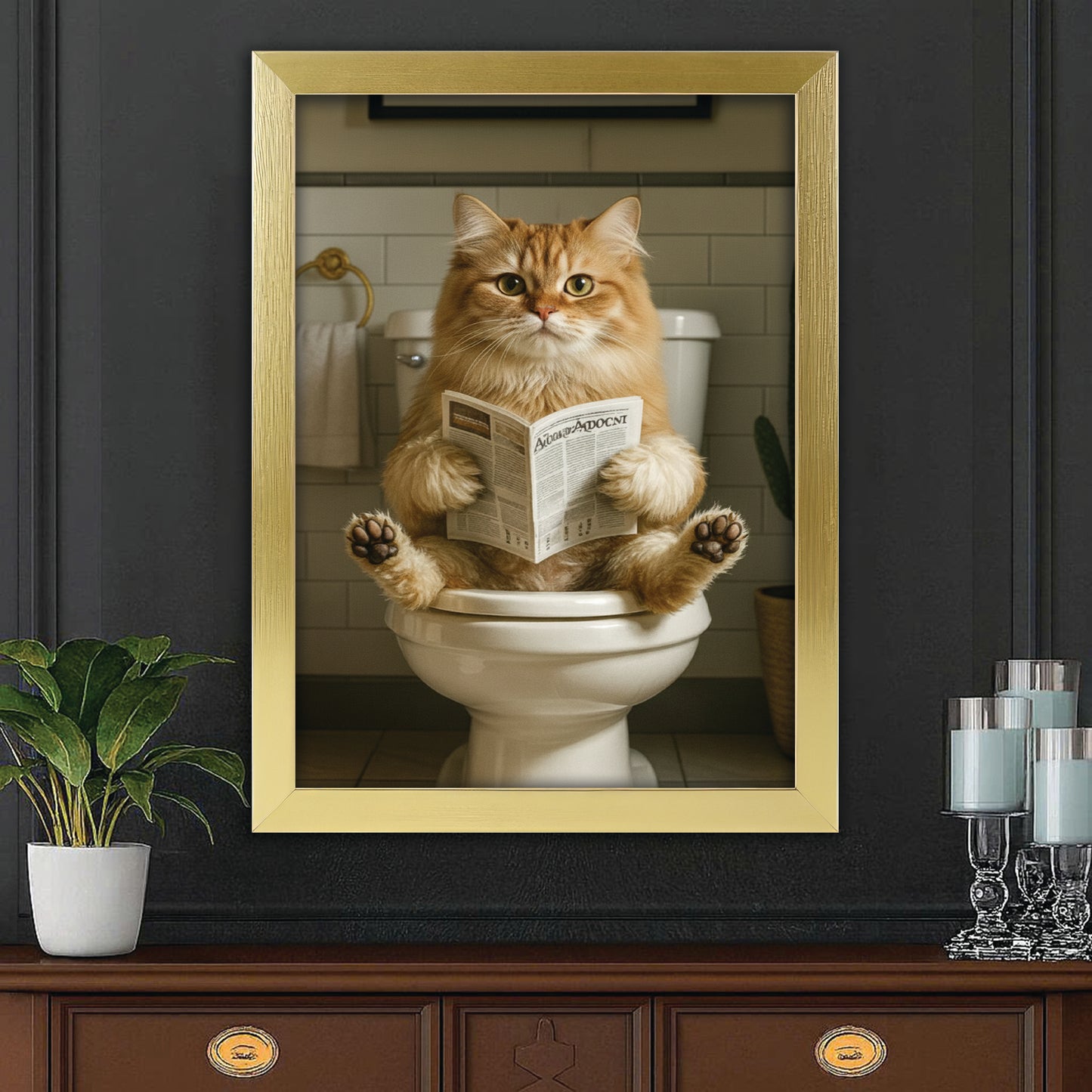 Custom Photo Cat Bathroom Style Canvas Framed Wall Art Gift For Cat Lovers
