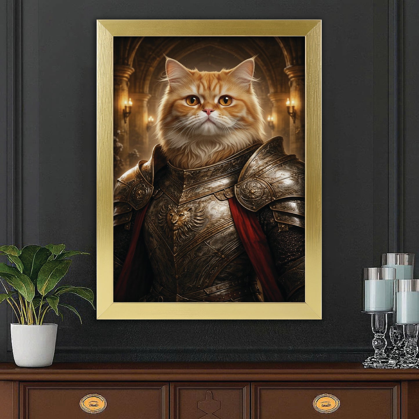Custom Photo Royal Knight Cat Style 01 Canvas Framed Wall Art Gift For Cat Lovers