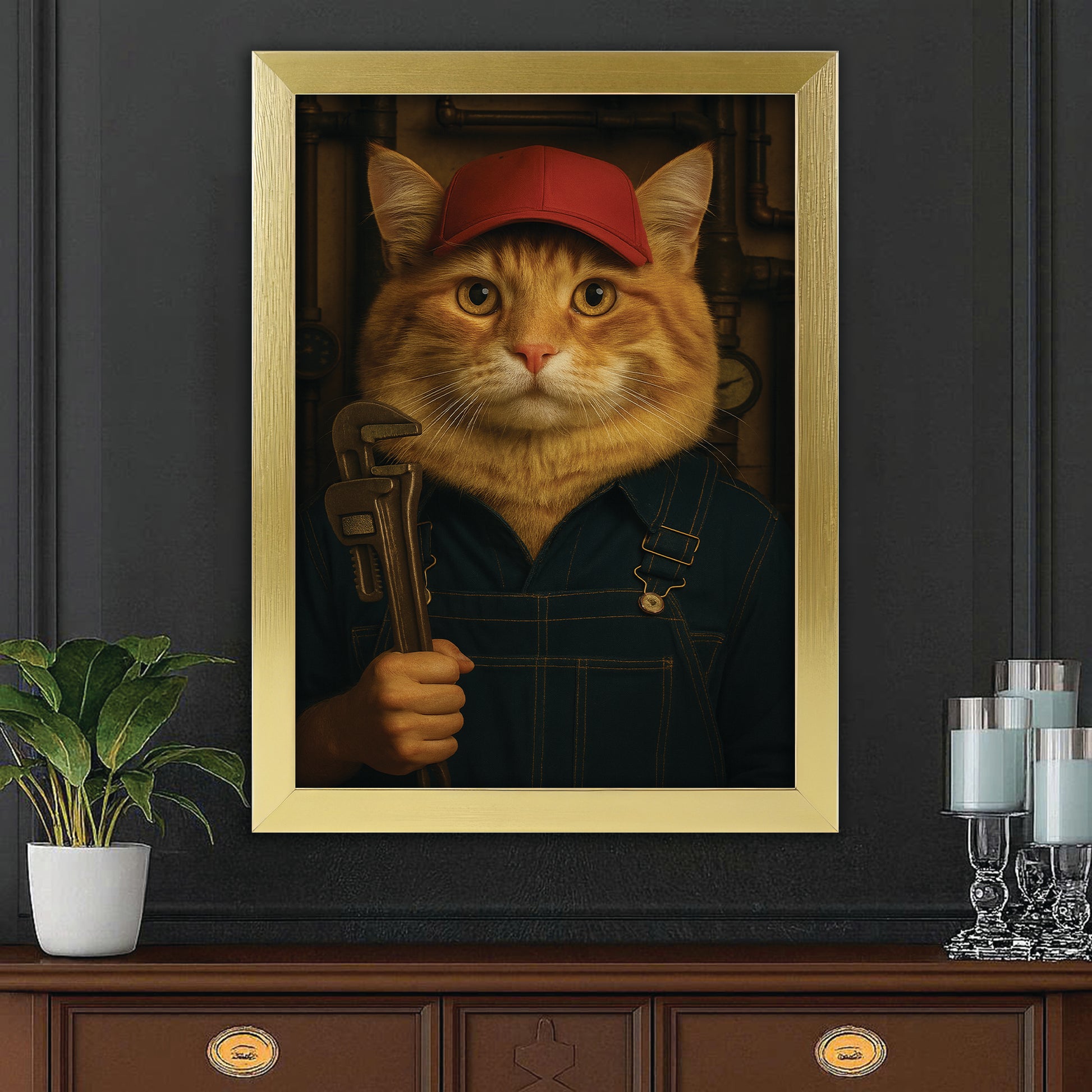 Custom Photo Plumber Cat Canvas Framed Wall Art Gift For Cat Lovers