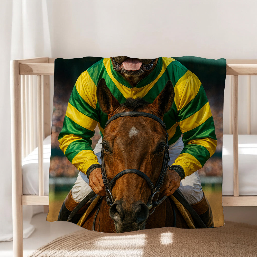Custom Photo Jockey Horse Racing Dog BlanketGift For Dog Lovers