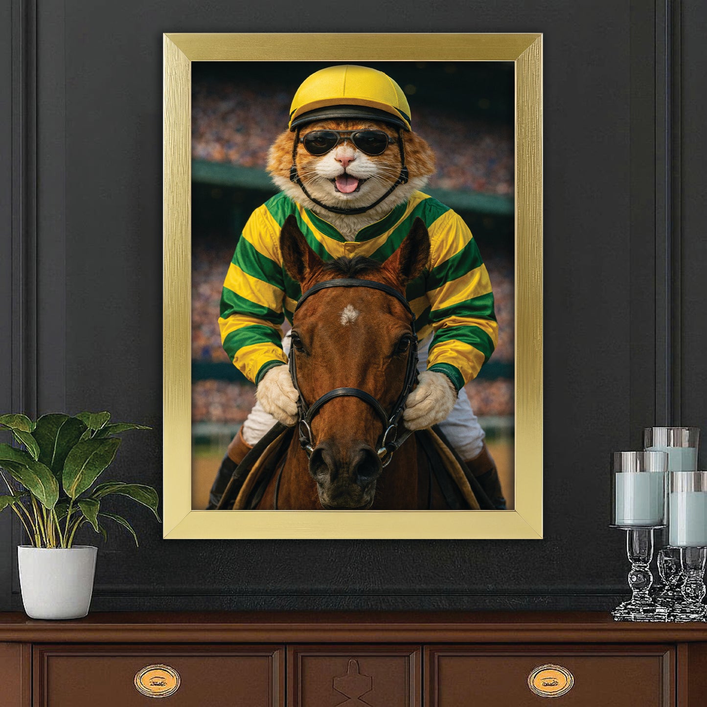 Custom Photo Jockey Horse Racing Cat Canvas Framed Wall Art  Gift For Cat Lovers