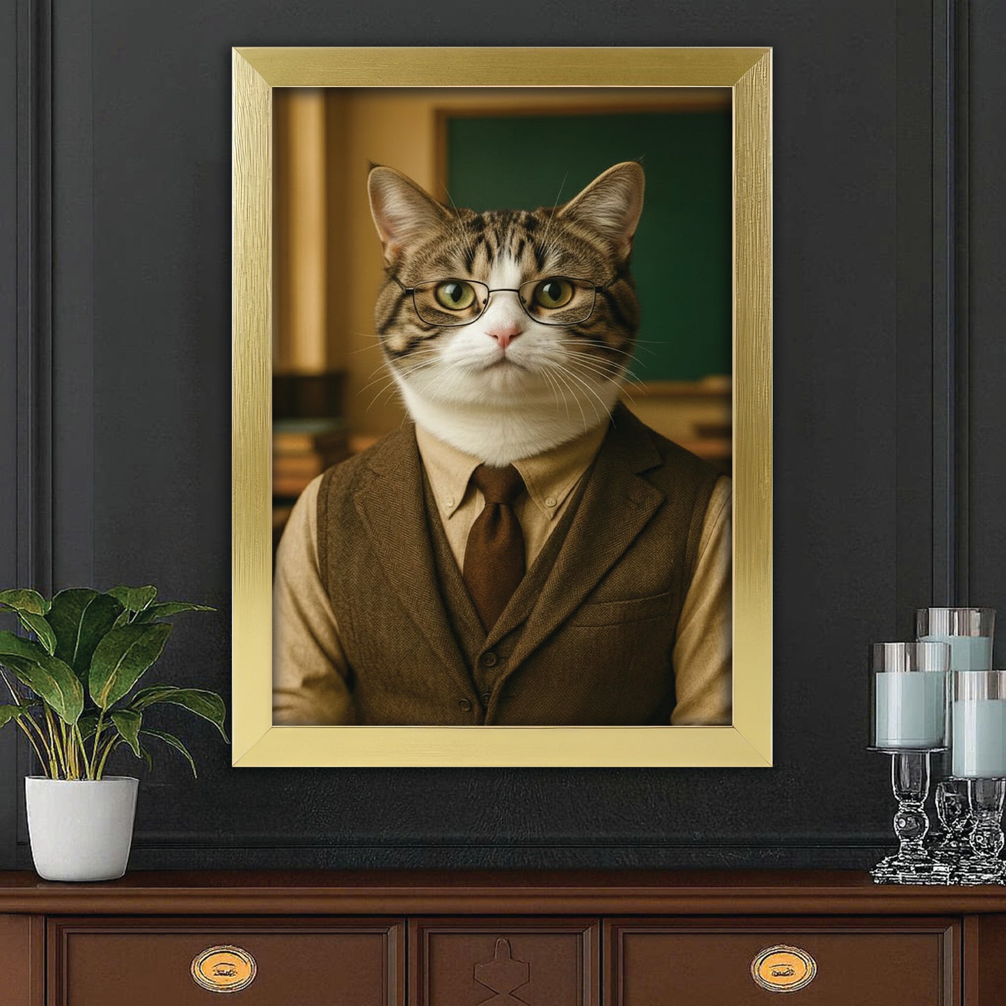 Custom Photo Professor Teacher Cat Canvas Framed Wall Art  Gift For Cat Lovers