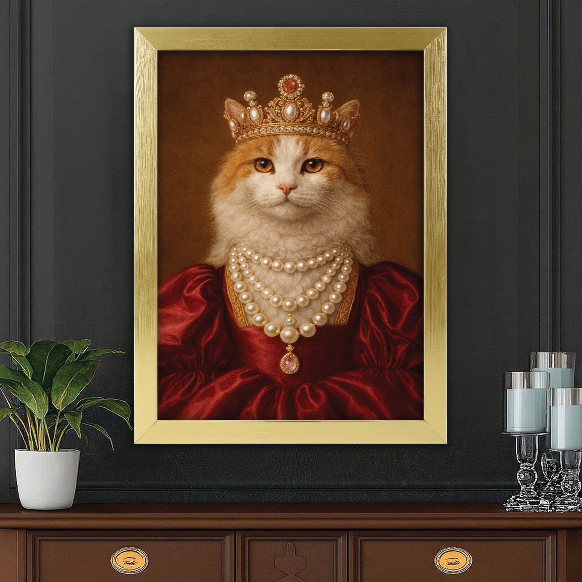 Custom Photo Queen Cat With Crown Canvas Framed Wall Art Gift For Cat Lovers