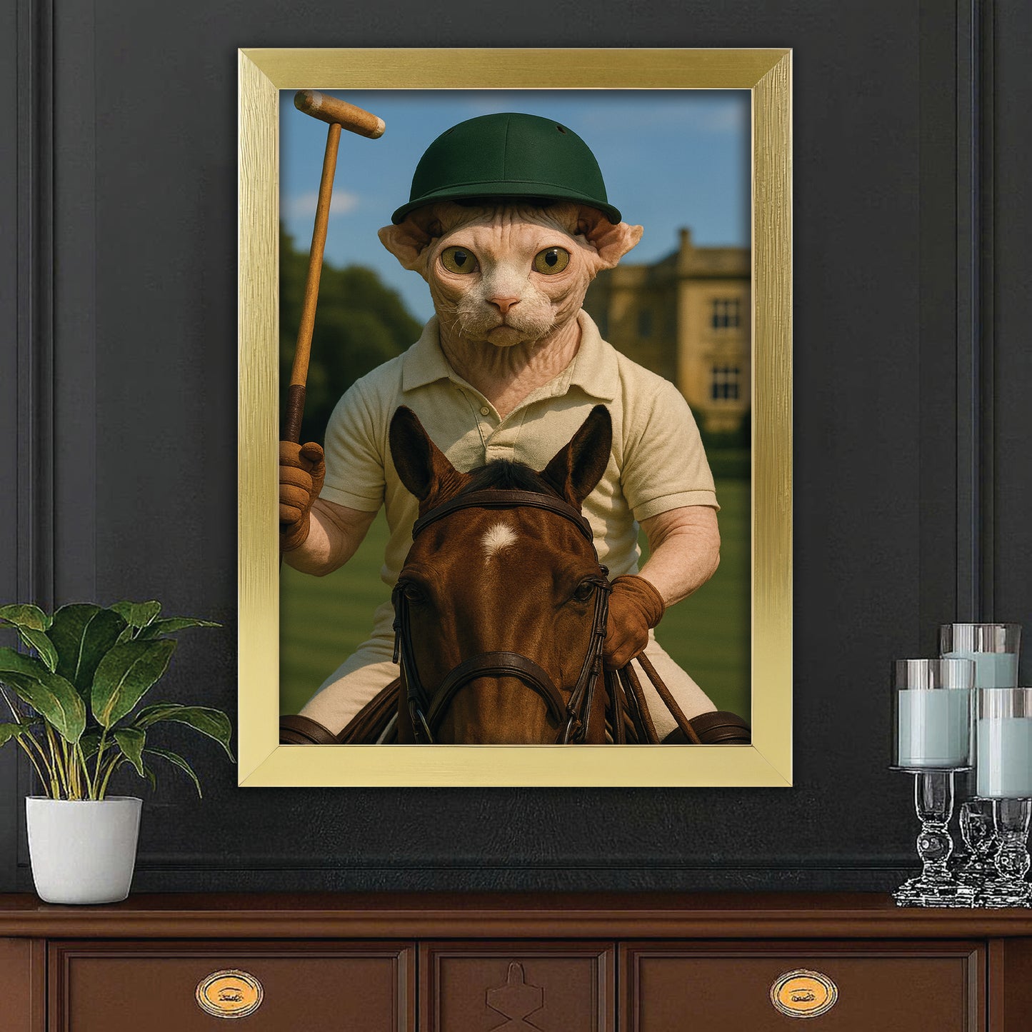 Custom Photo Polo Sport Cat Canvas Framed Wall Art Gift For Cat Lovers