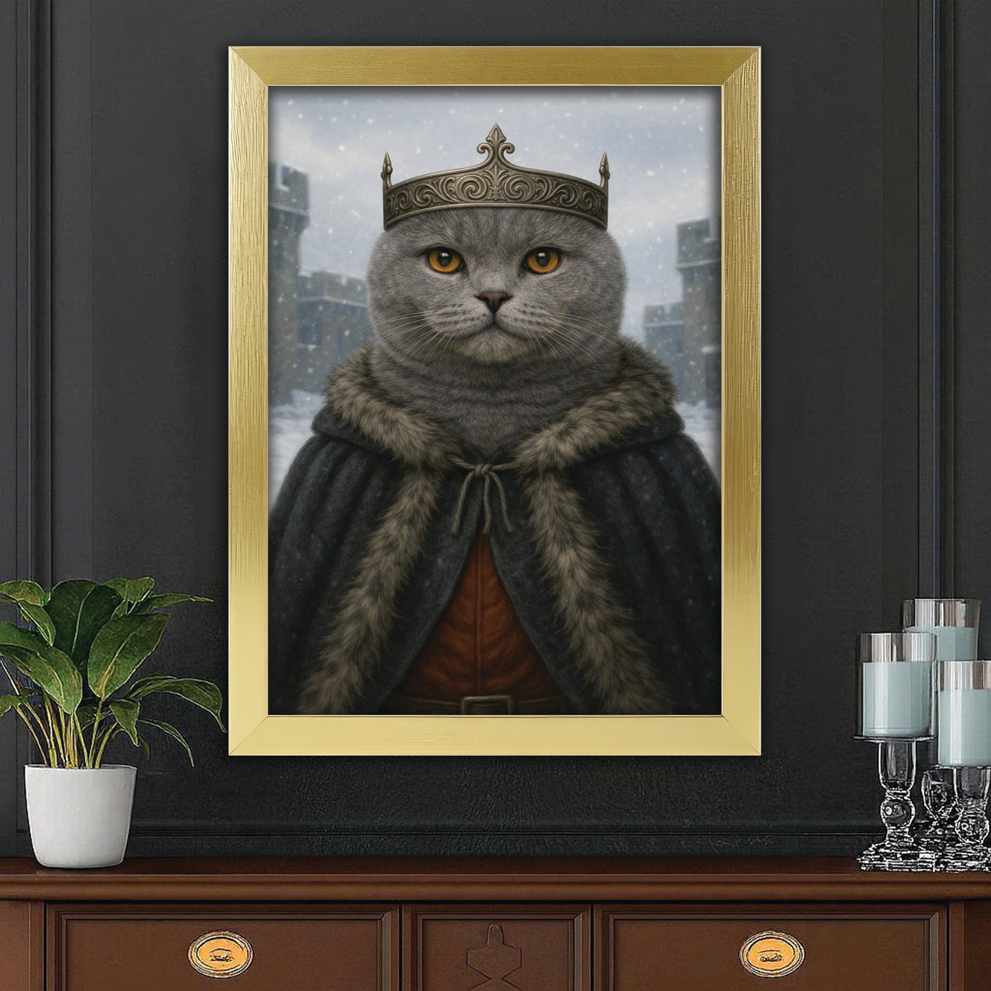 Custom Photo Winter King Royal Cat Canvas Framed Wall Art Gift For Cat Lovers