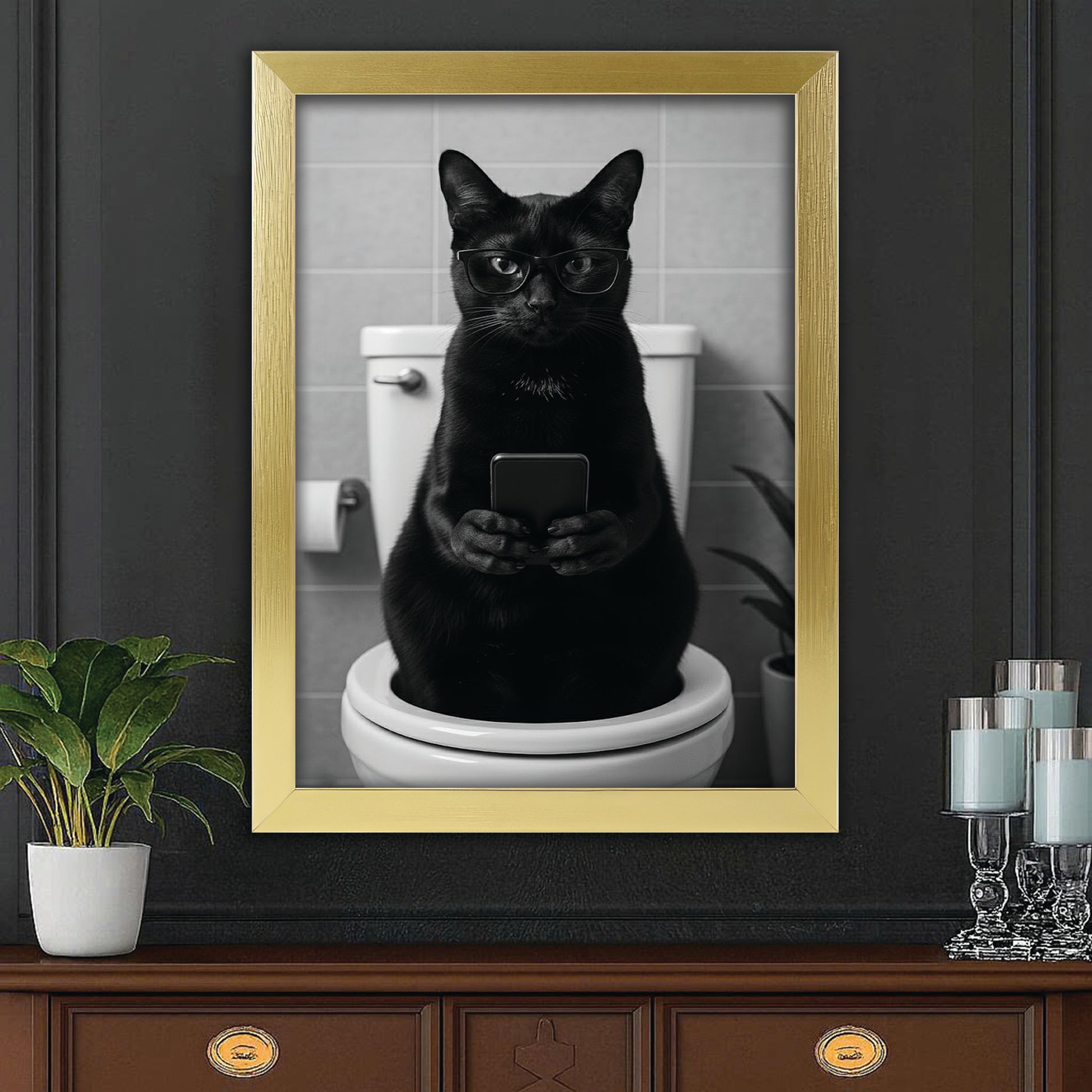 Custom Photo Cat Bathroom Style 14 Canvas Framed Wall Art Gift For Cat Lovers