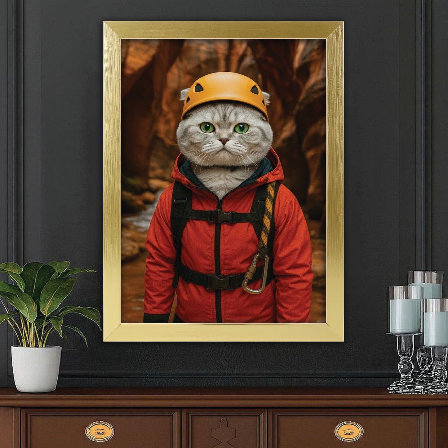 Custom Photo Canyoneering Slot Canyon Adventure Cat Canvas Framed Wall Art Gift For Cat Lovers