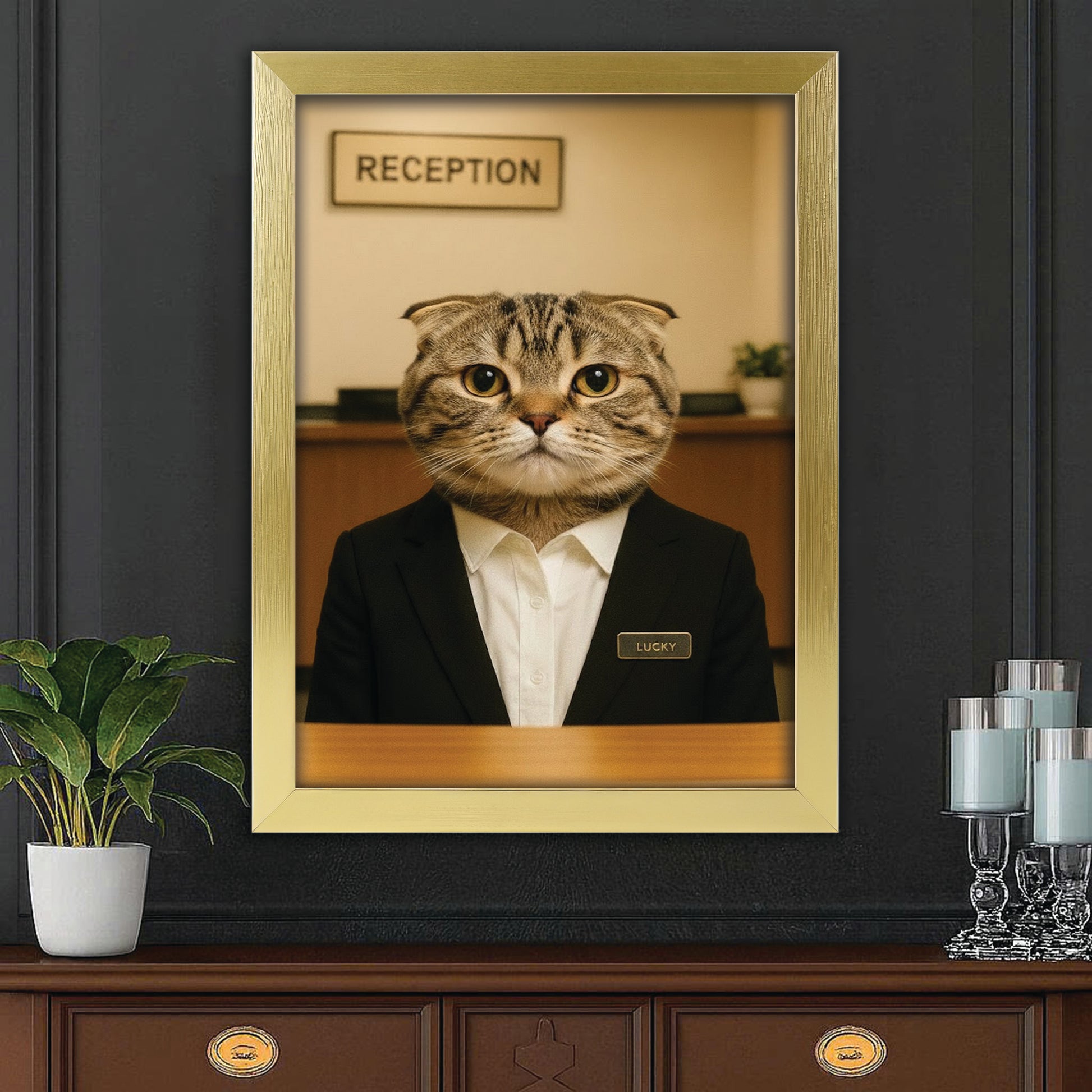 Custom Photo Receptionist Cat Canvas Framed Wall Art Gift For Cat Lovers