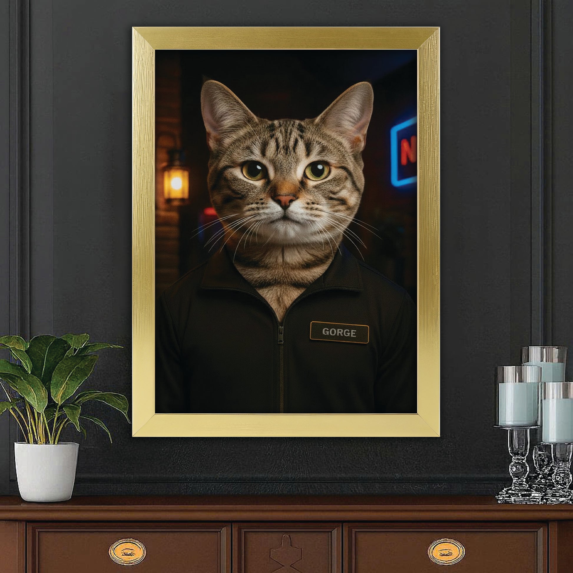 Custom Photo Bouncer Night Club Security Cat Canvas Framed Wall Art Gift For Cat Lovers