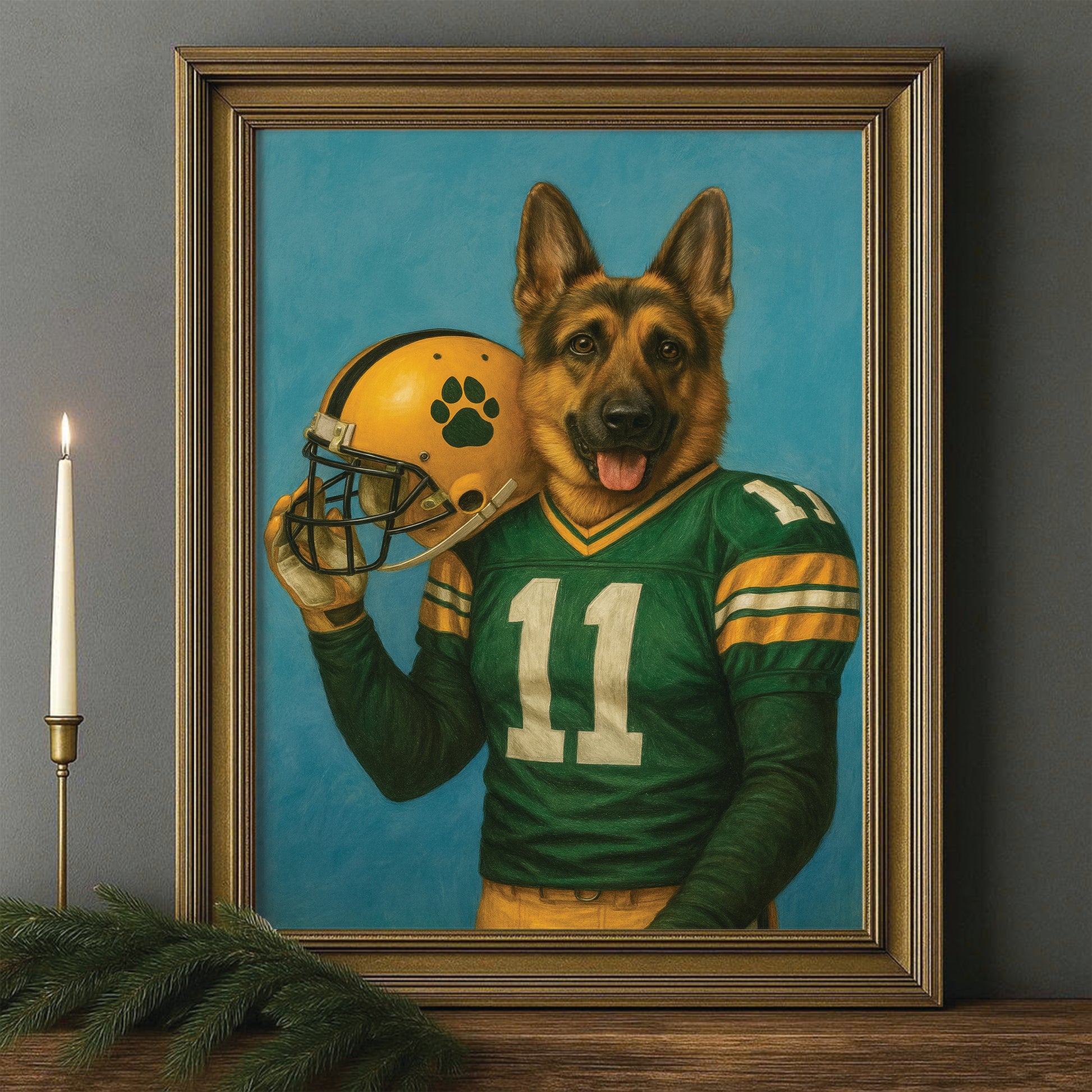 Custom Dog Photo Football Player Canvas Framed Wall Art