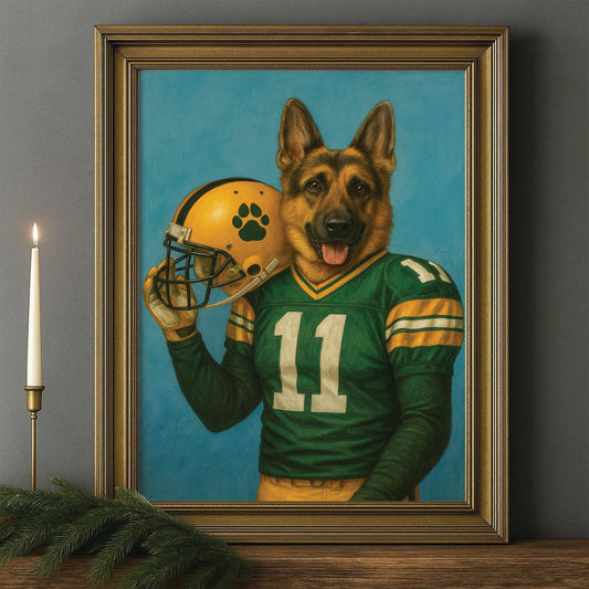 Custom Dog Photo Football Player Canvas Framed Wall Art