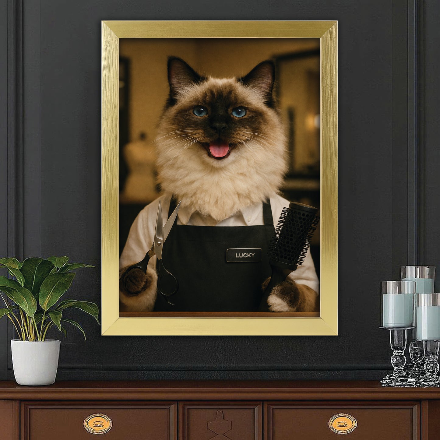 Custom Photo Hair Stylist Cat Canvas Framed Wall Art  Gift For Cat Lovers