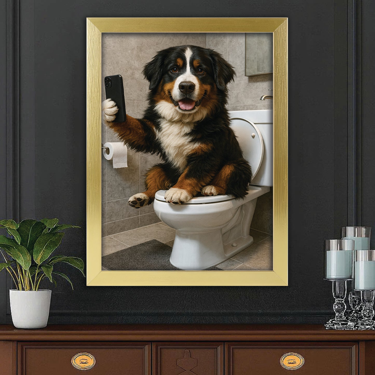 Custom Photo Dog Sefie Bathroom Canvas Framed Wall Art Gift For Dog Lover