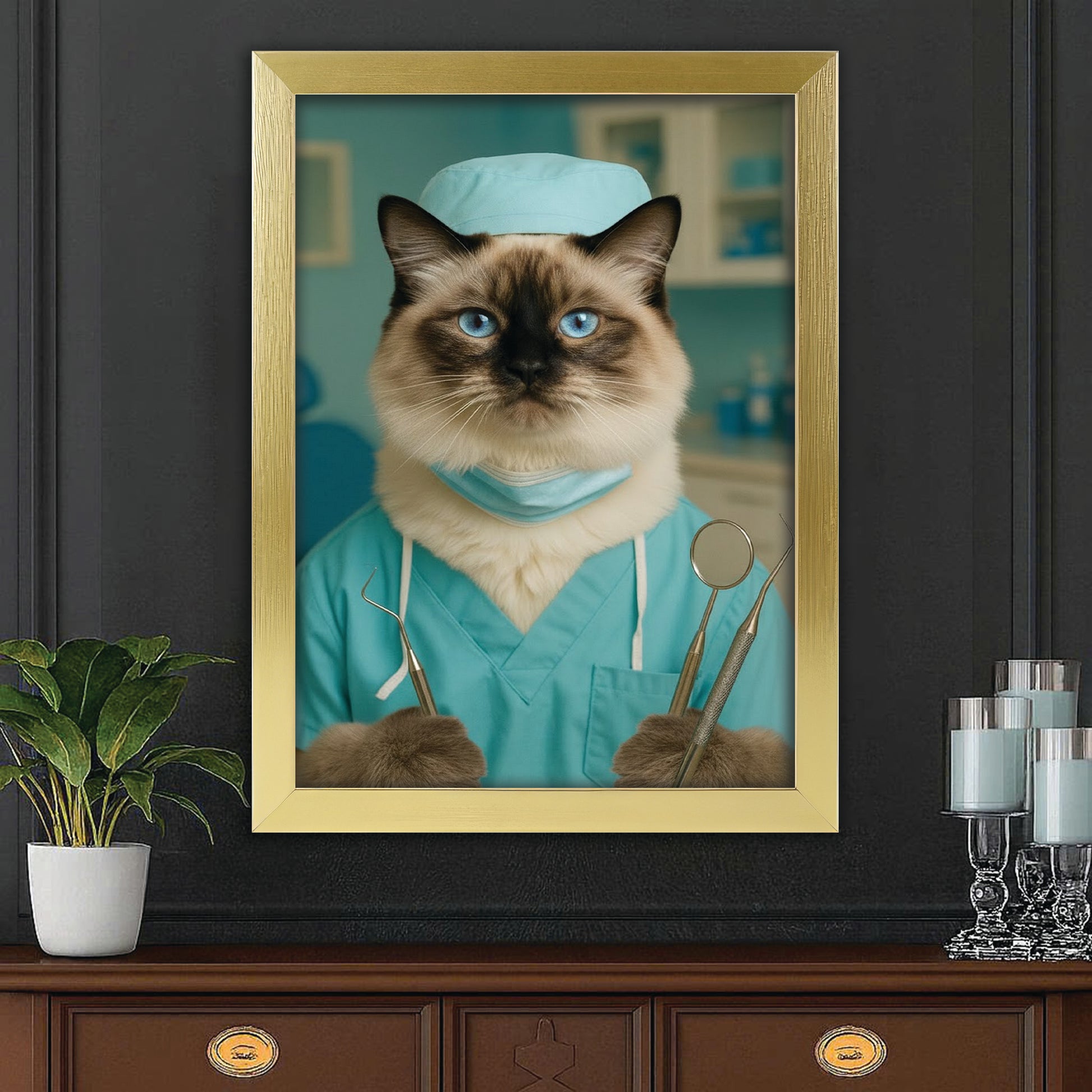 Custom Photo Dentist Cat Canvas Framed Wall Art Gift For Cat Lover