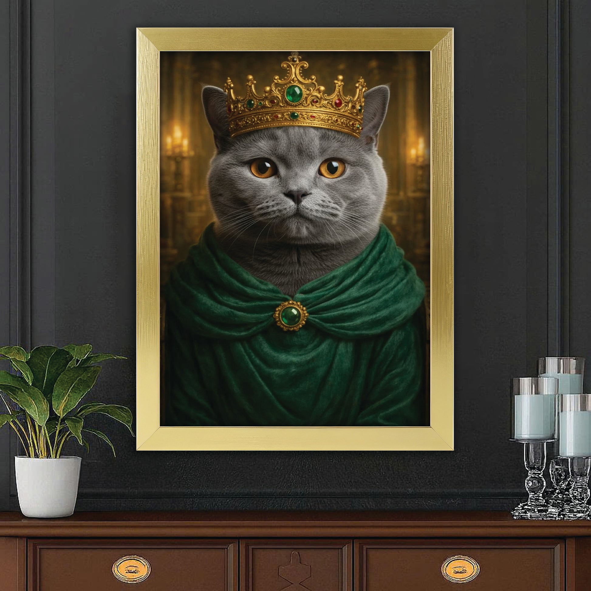 Custom Photo Royal King Queen Cat Canvas Framed Wall Art Gift For Cat Lovers
